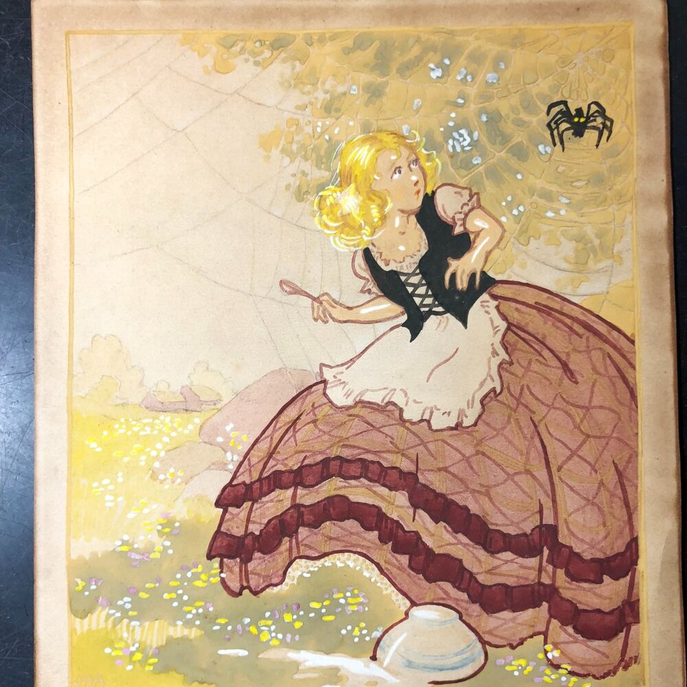 Victorian Era Original Gouache Watercolor Painting Little Miss Muffet - Framed